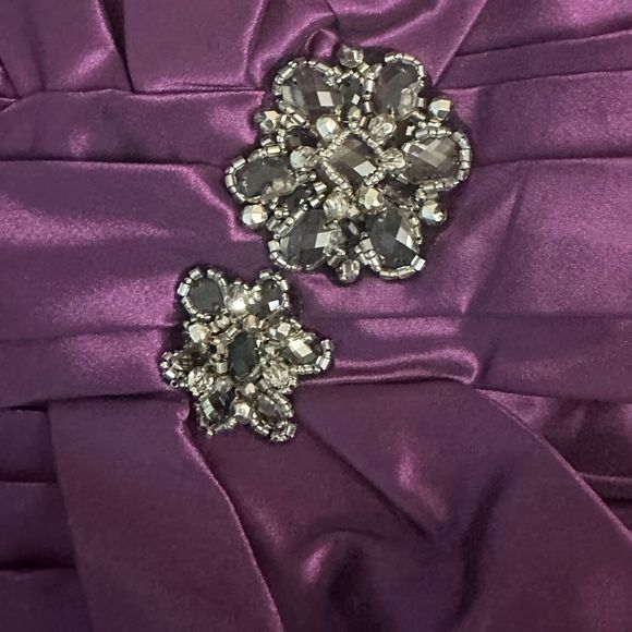 Formal Purple Satin Dress Ball Gown Rhinestone Gathered Bustier Strapless Bra - Picture 4 of 10